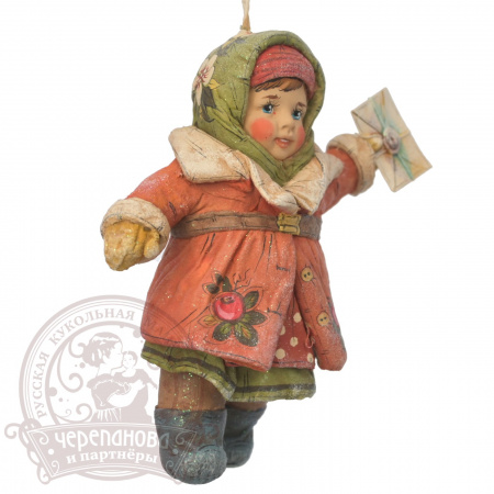 Пелагея с письмом, игрушка из ваты на елку кукольной мануфактуры Ирины Черепановой