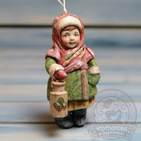 Аннушка с бидоном, игрушка на елку из ваты кукольной мануфактуры Ирины Черепановой