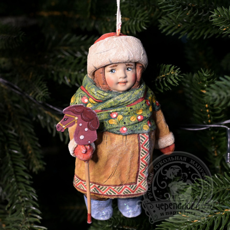 Ладушка с лошадкой, ватная игрушка на елку кукольной мануфактуры Ирины Черепановой