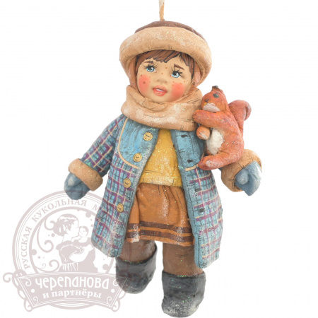 Девчушка с белочкой, елочная игрушка из ваты кукольной мануфактуры Ирины Черепановой