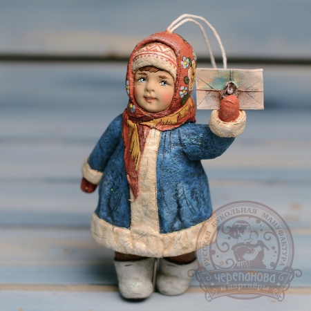 Василиса с письмом, ватная елочная игрушка кукольной мануфактуры Ирины Черепановой