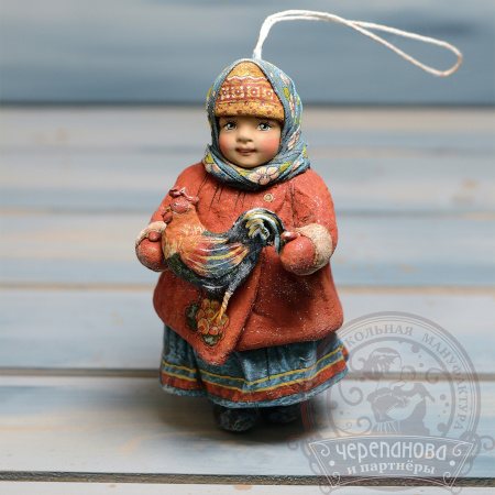 Лидочка с петушком, ватная игрушка на елку кукольной мануфактуры Ирины Черепановой