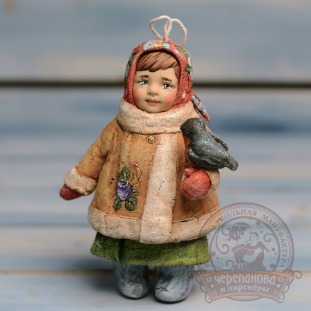 Катюшка со снегирем, ватная игрушка кукольной мануфактуры Ирины Черепановой